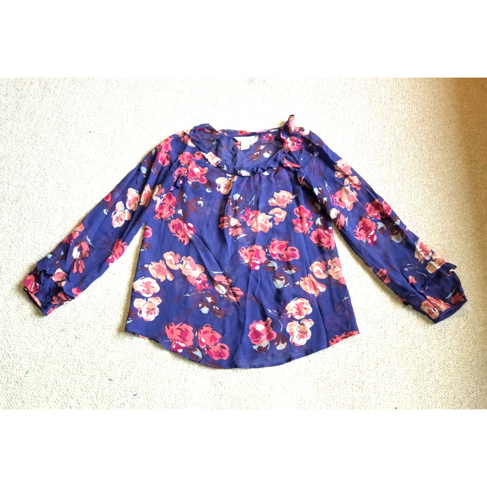 Womens Top-SUNDANCE-blue/coral/brown floral 100% silk sheer ruffled whimsical-S